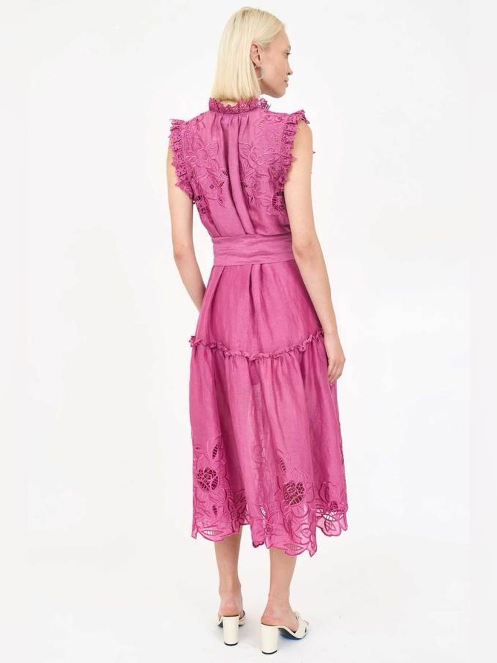 Christy Lynn Gemma Dress Fuchsia Pink Small Linen Silk Embroidered Floral Eyelet - Picture 3 of 16